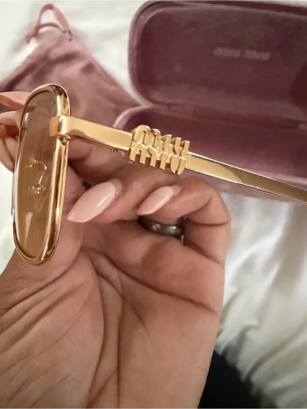 Miu Miu Gold Square Sunglasses with Gradient Gray Lenses and Pink Velvet Case